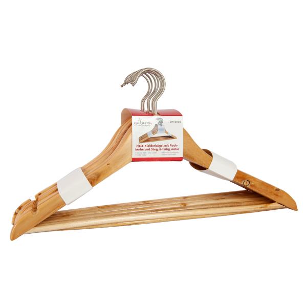 24 Holz Kleiderbügel mit Rockkerbe & Hosensteg - 3-in-1 Funktion für Hosen, Röcke & Jacken - Drehbarer Metallhaken - Tanne/Kiefer/Ahorn