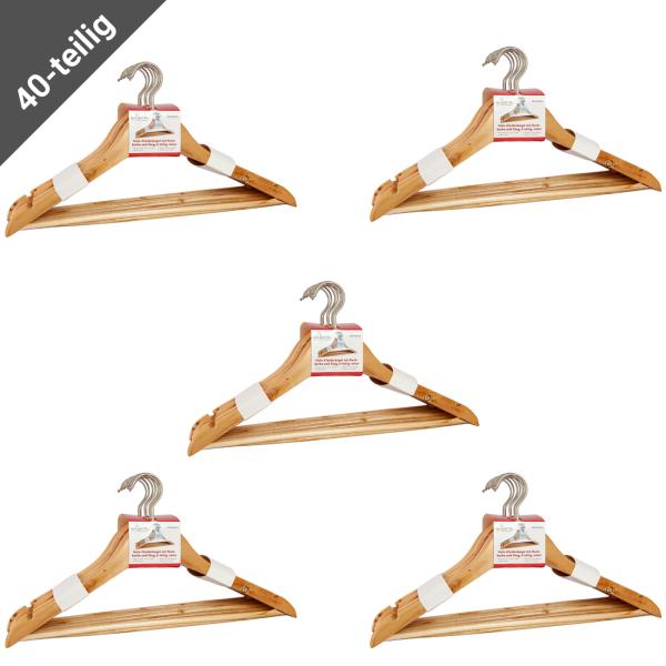 40 Holz Kleiderbügel - platzsparend, drehbarer Haken, 3 in 1 Funktion für Röcke & Hosen - Tanne/Kiefer/Ahorn - braun/natur/silber