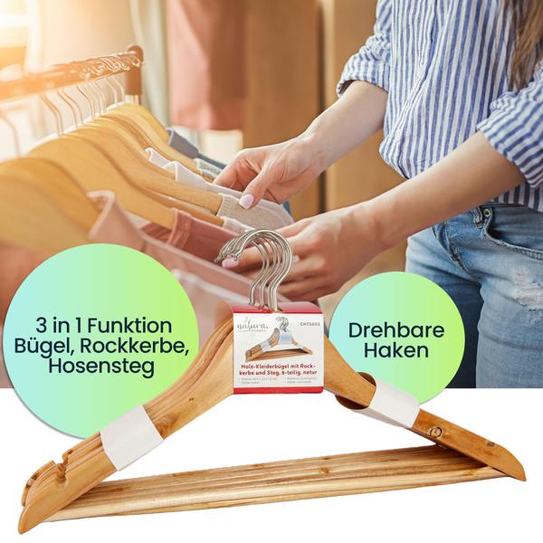 40 Holz Kleiderbügel - platzsparend, drehbarer Haken, 3 in 1 Funktion für Röcke & Hosen - Tanne/Kiefer/Ahorn - braun/natur/silber