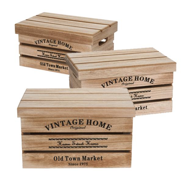 Deko-Holzkisten 3er-Set mit Deckel - Ineinander stapelbar & Vintage Landhaus-Stil - Braun/Schwarz aus Paulownia-Holz - 42x32x23.5cm - Vielseitig