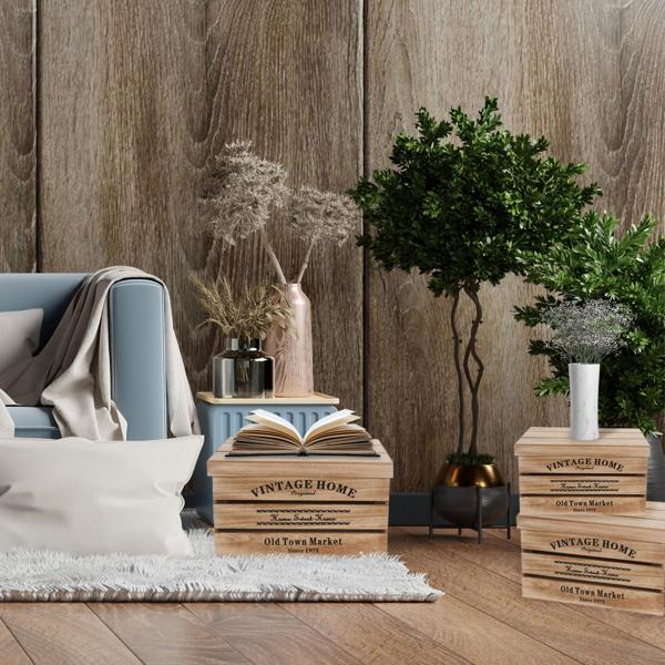 Deko-Holzkisten 3er-Set mit Deckel - Ineinander stapelbar & Vintage Landhaus-Stil - Braun/Schwarz aus Paulownia-Holz - 42x32x23.5cm - Vielseitig