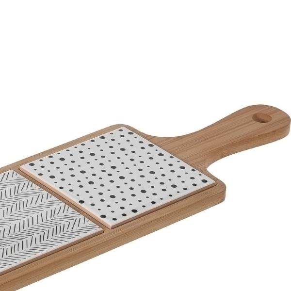 Servierbrett aus Bambus mit Griff - 3 Keramik-Plättchen braun/schwarz/weiss - Mediterranes Flair für Häppchen & Party - 44,1x12x1,2cm