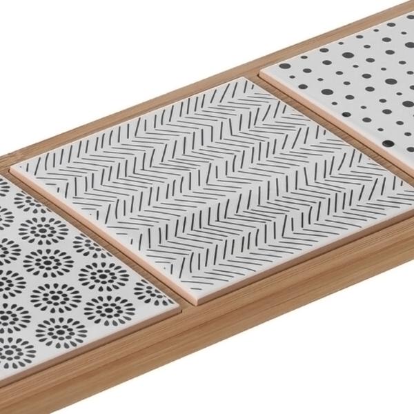 Servierbrett aus Bambus mit Griff - 3 Keramik-Plättchen braun/schwarz/weiss - Mediterranes Flair für Häppchen & Party - 44,1x12x1,2cm