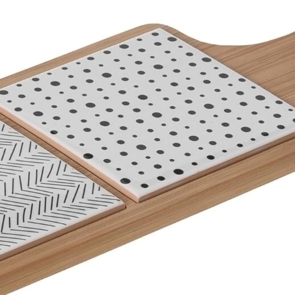 Servierbrett aus Bambus mit Griff - 3 Keramik-Plättchen braun/schwarz/weiss - Mediterranes Flair für Häppchen & Party - 44,1x12x1,2cm