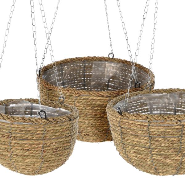 3 Hänge-Pflanzkörbe Weide - Vintage Charme für Balkon, Garten & Terrasse - 3er-Set braun/silber Ø 20-30cm - Mit Innenfolie & Haken