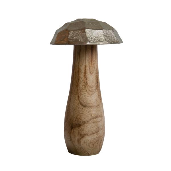 Deko Figur Pilz aus Mangoholz - Metall Hut Silber 9x15x9cm - Handgefertigt - Stilvolles Wohnaccessoire für gemütliches Ambiente - Weihnachtsdekoration