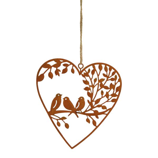 Hängedekoration Herz aus Metall - Rost-Finish braun 12x13cm - Landhaus-Stil Gartendeko mit zwei Vögeln für Innen & Aussen - Edle Geschenkidee