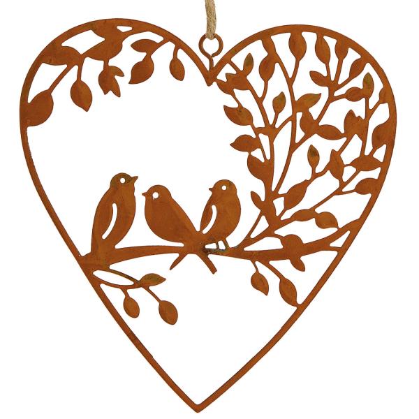 Hängedekoration Herz aus Metall - Rost-Finish braun 12x13cm - Landhaus-Stil Gartendeko mit zwei Vögeln für Innen & Aussen - Edle Geschenkidee