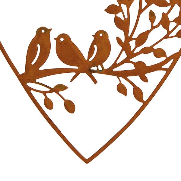Hängedekoration Herz aus Metall - Rost-Finish braun 12x13cm - Landhaus-Stil Gartendeko mit zwei Vögeln für Innen & Aussen - Edle Geschenkidee