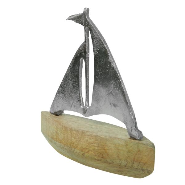 Segelboot Deko aus Aluminium - Edle Dekoration für Wohnräume - Mangoholz-Sockel - Braun, Silber - Maritim - 17x17x6cm - Handgefertigt