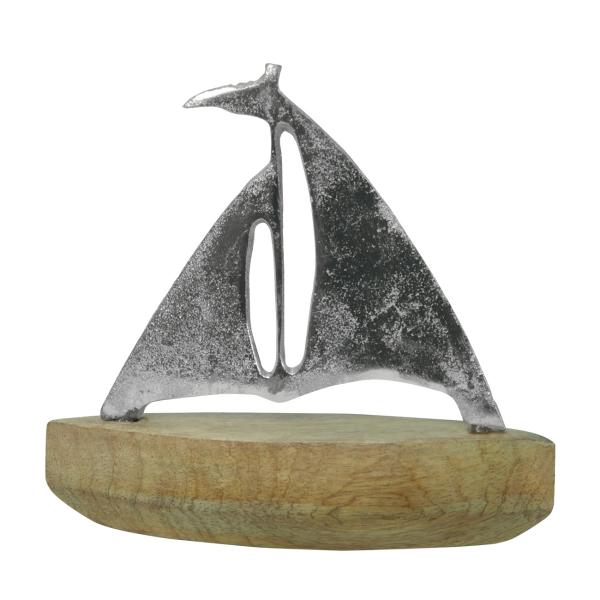 Segelboot Deko aus Aluminium - Edle Dekoration für Wohnräume - Mangoholz-Sockel - Braun, Silber - Maritim - 17x17x6cm - Handgefertigt