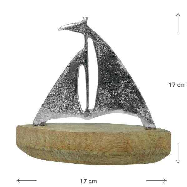 Segelboot Deko aus Aluminium - Edle Dekoration für Wohnräume - Mangoholz-Sockel - Braun, Silber - Maritim - 17x17x6cm - Handgefertigt
