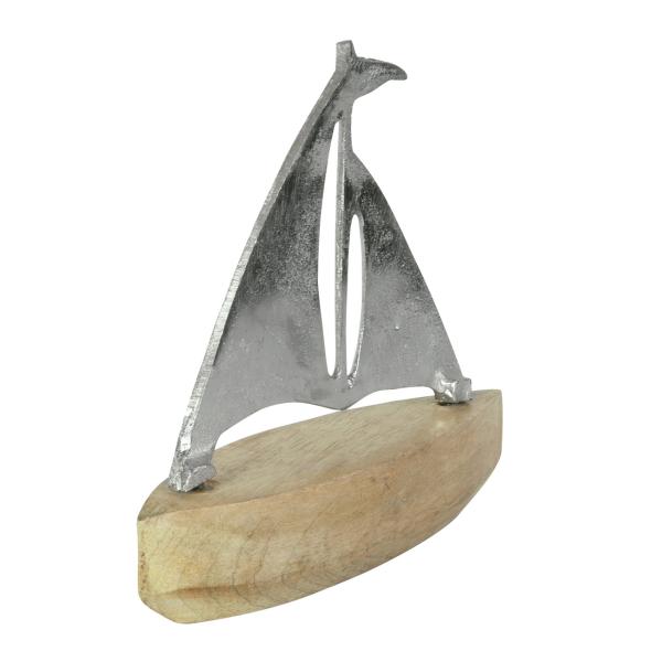 Segelboot Deko aus Aluminium - Edle Dekoration für Wohnräume - Mangoholz-Sockel - Braun, Silber - Maritim - 17x17x6cm - Handgefertigt