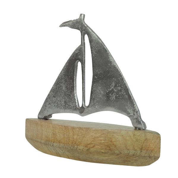 Segelboot Deko aus Aluminium - Edle Dekoration für Wohnräume - Mangoholz-Sockel - Braun, Silber - Maritim - 17x17x6cm - Handgefertigt