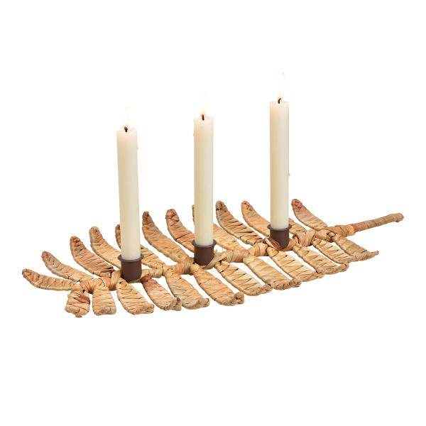 Kerzenhalter aus Wasserhyazinthe Blattform - Dekoration für Garten & Haus - Platz für 3 Kerzen - Geflochtene Optik mit Metall - 50x3x25cm braun