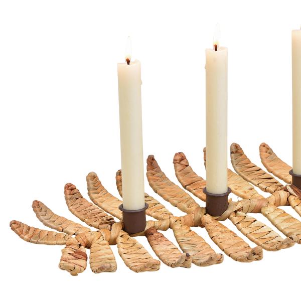 Kerzenhalter aus Wasserhyazinthe Blattform - Dekoration für Garten & Haus - Platz für 3 Kerzen - Geflochtene Optik mit Metall - 50x3x25cm braun