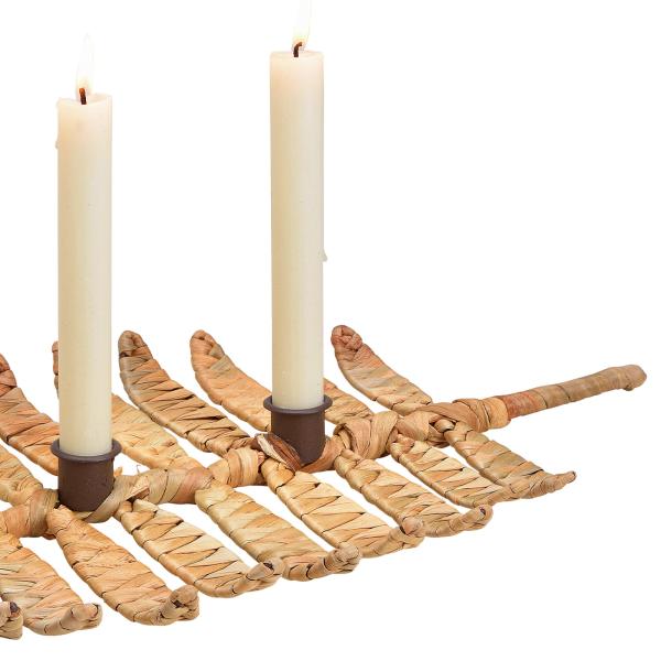 Kerzenhalter aus Wasserhyazinthe Blattform - Dekoration für Garten & Haus - Platz für 3 Kerzen - Geflochtene Optik mit Metall - 50x3x25cm braun