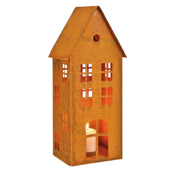 Windlicht Haus aus Metall - Rost-Finish, braun, Lichterhaus, Gartendeko für Terrasse & Balkon - 17x40x14cm, gemütliches Ambiente