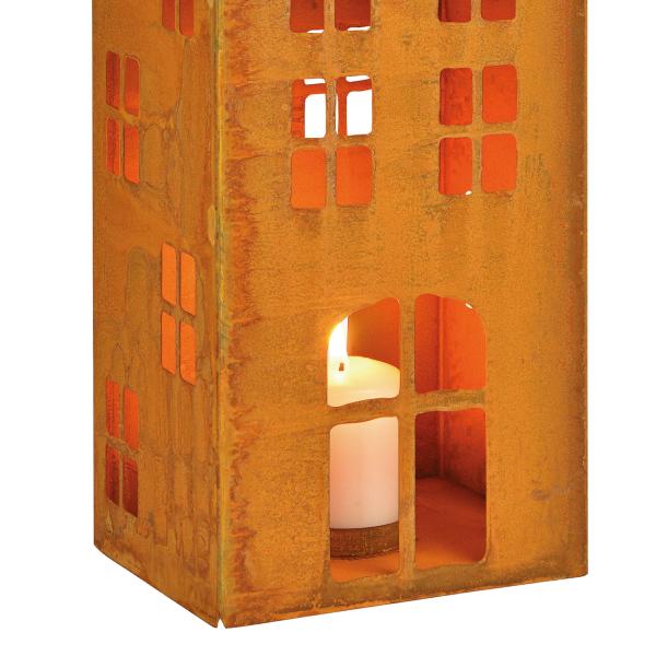 Windlicht Haus aus Metall - Rost-Finish, braun, Lichterhaus, Gartendeko für Terrasse & Balkon - 17x40x14cm, gemütliches Ambiente