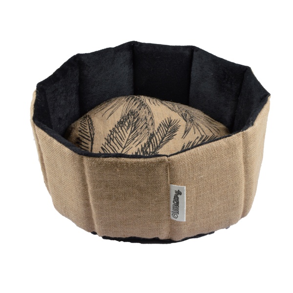 Haustier-Korb Rund - Jute & Polyester - Robust & Gemütlich mit Kissen - Pflanzen-Muster, 48x16 cm - Sicherer Schlafplatz für Hunde & Katzen