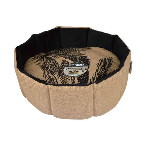 Haustier-Korb Rund - Jute & Polyester - Robust & Gemütlich mit Kissen - Pflanzen-Muster, 48x16 cm - Sicherer Schlafplatz für Hunde & Katzen