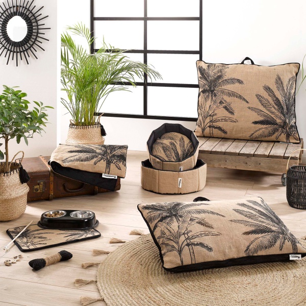 Haustier-Korb Rund - Jute & Polyester - Robust & Gemütlich mit Kissen - Pflanzen-Muster, 48x16 cm - Sicherer Schlafplatz für Hunde & Katzen