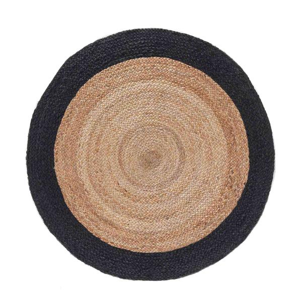 Runder Jute Teppich Schwarz-Beige – Modernes, nachhaltiges Bodendesign für stilvolles Zuhause – Ø 90 cm – Handgefertigt-Minimalistisches Muster