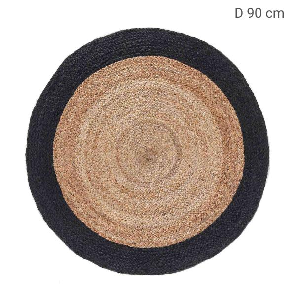 Runder Jute Teppich Schwarz-Beige – Modernes, nachhaltiges Bodendesign für stilvolles Zuhause – Ø 90 cm – Handgefertigt-Minimalistisches Muster