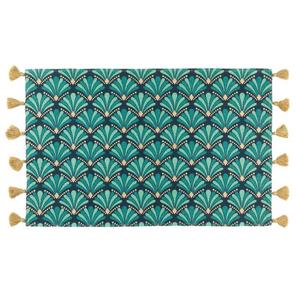 Rechteckiger Teppich - bunt/grün mit modernem Grafik-Muster & dekorativen Bommeln - aus hochwertiger Baumwolle - 50x80cm Bodenteppich für Schlafzimmer Flur