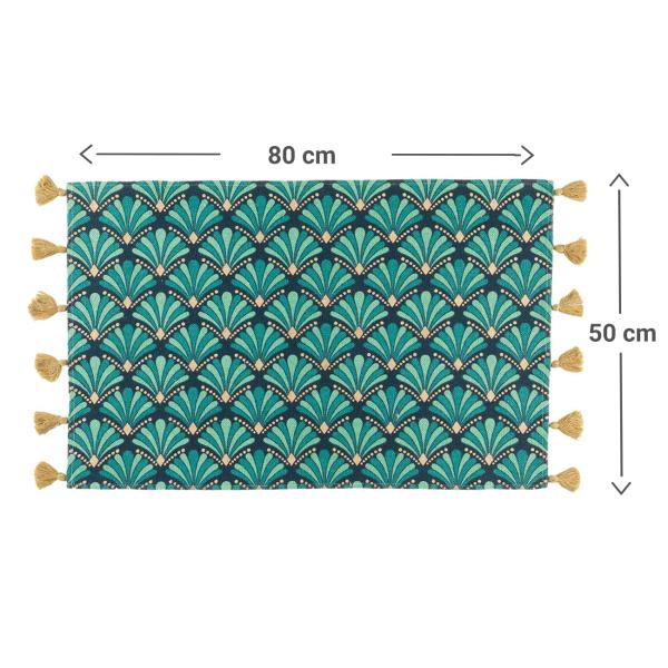 Rechteckiger Teppich - bunt/grün mit modernem Grafik-Muster & dekorativen Bommeln - aus hochwertiger Baumwolle - 50x80cm Bodenteppich für Schlafzimmer Flur