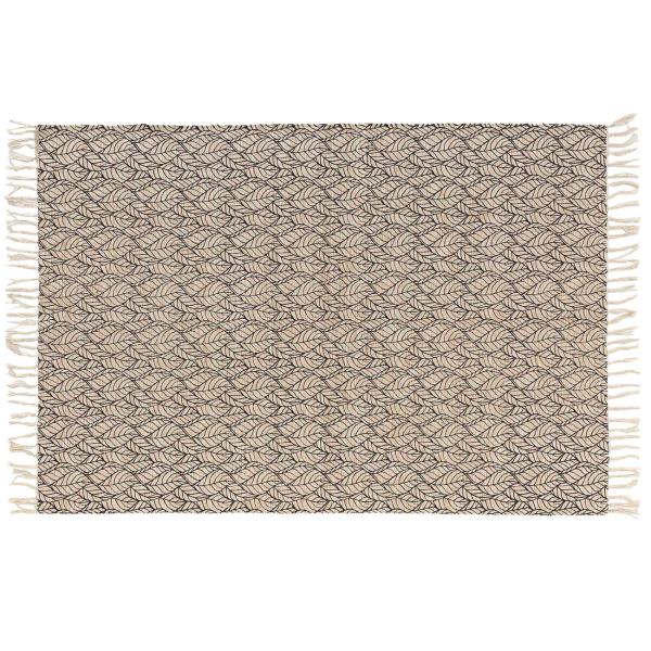 Baumwoll-Jute Teppich - Robuster Naturteppich mit filigranem Blattmuster & dekorativen Fransen - 120x170cm - Braun/Schwarz - Widerstandsfähig
