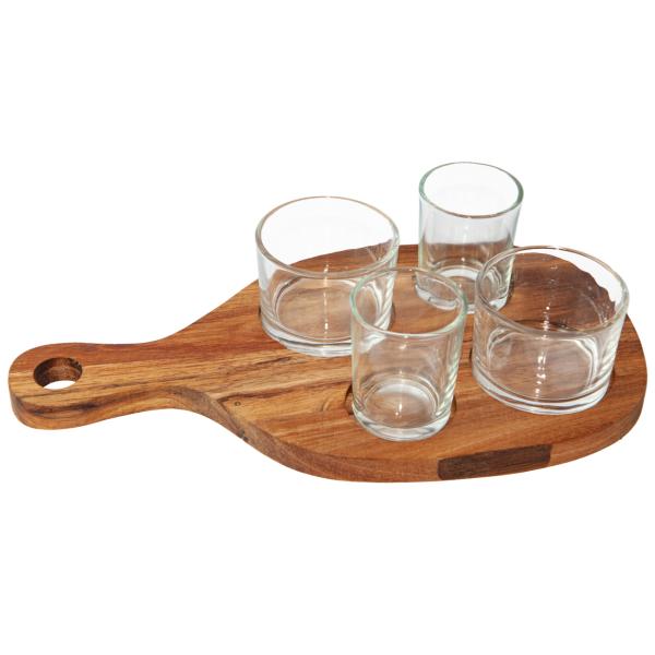 Servierbrett Akazienholz mit Griff - 4 Dipgläsern Servierschalen für Tapas Antipasti Apéro - Rustikales 5-teiliges Holz/Glas Set 30x16x1.5cm - Geschenkidee