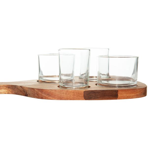 Servierbrett Akazienholz mit Griff - 4 Dipgläsern Servierschalen für Tapas Antipasti Apéro - Rustikales 5-teiliges Holz/Glas Set 30x16x1.5cm - Geschenkidee