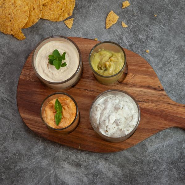 Servierbrett Akazienholz mit Griff - 4 Dipgläsern Servierschalen für Tapas Antipasti Apéro - Rustikales 5-teiliges Holz/Glas Set 30x16x1.5cm - Geschenkidee