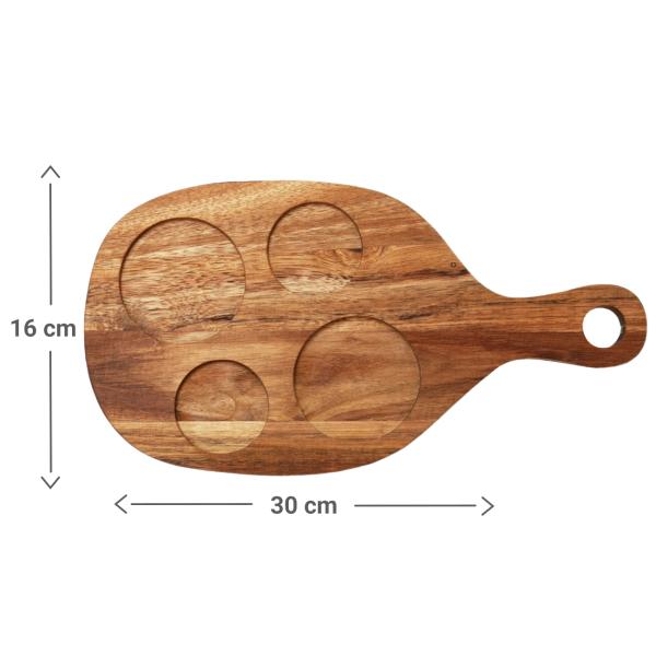 Servierbrett Akazienholz mit Griff - 4 Dipgläsern Servierschalen für Tapas Antipasti Apéro - Rustikales 5-teiliges Holz/Glas Set 30x16x1.5cm - Geschenkidee