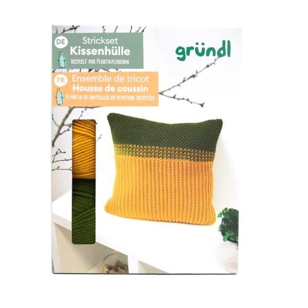 Strick-Set Kissenhülle grün-orange - DIY Strickset mit Wolle & Anleitung für 40x40cm Kissen - 3 Wollknäuel recyceltes Polyester/Polyacryl - Rundstricknadel 4.5mm