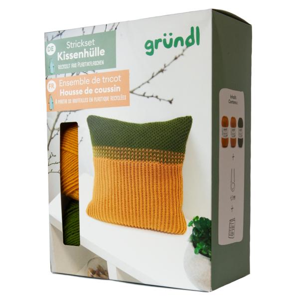 Strick-Set Kissenhülle grün-orange - DIY Strickset mit Wolle & Anleitung für 40x40cm Kissen - 3 Wollknäuel recyceltes Polyester/Polyacryl - Rundstricknadel 4.5mm