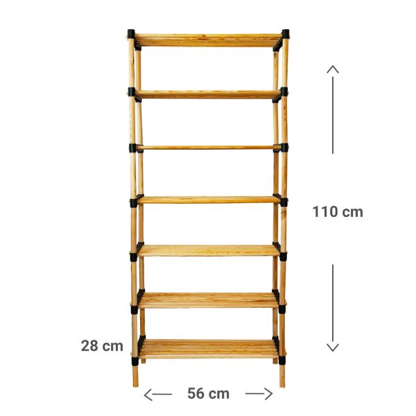 Variables Kiefernholz-Regal – Flexibles Holzregal mit 7 Böden, vielseitiges Stauraum-Regal, 56x28x110cm, braun – Ideal für Bücher, Kosmetik, Deko & mehr