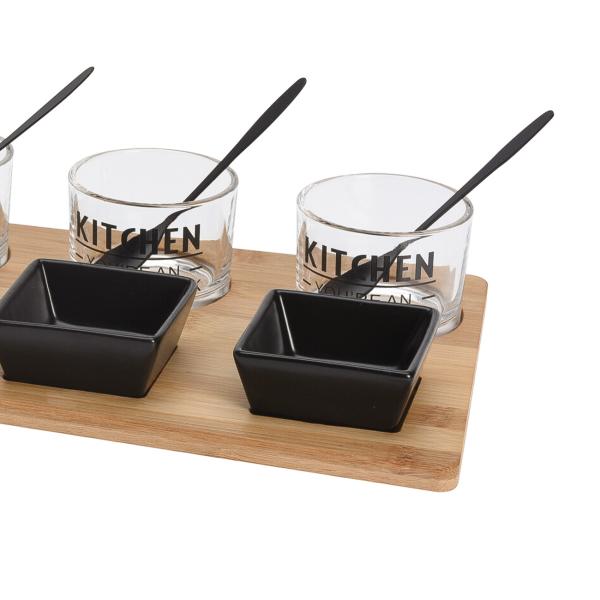 Vorspeisen Set 10-teilig - 6 Schälchen aus Keramik & Glas mit Aufschrift - Holz Servierplatte 37x17cm - für Tapas, Snacks, Salate, Desserts
