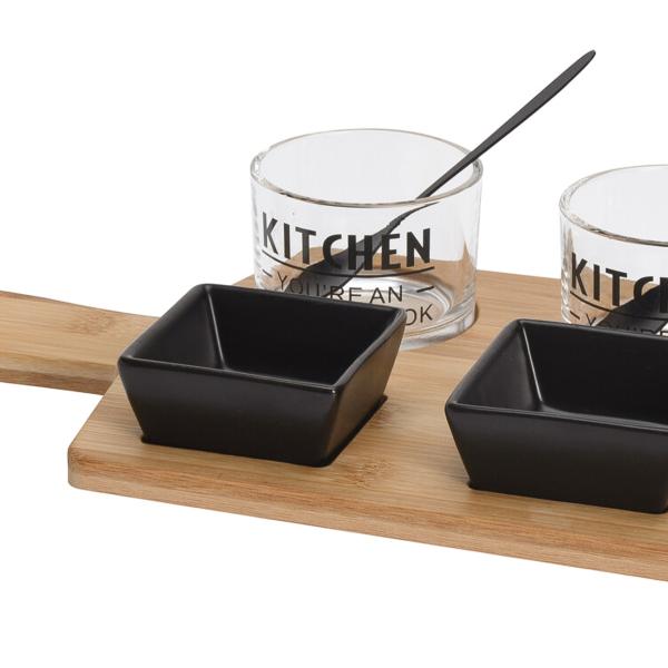 Vorspeisen Set 10-teilig - 6 Schälchen aus Keramik & Glas mit Aufschrift - Holz Servierplatte 37x17cm - für Tapas, Snacks, Salate, Desserts