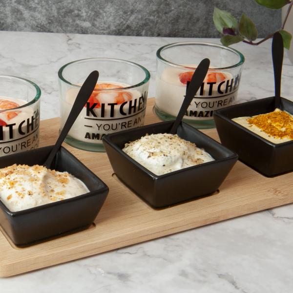 Vorspeisen Set 10-teilig - 6 Schälchen aus Keramik & Glas mit Aufschrift - Holz Servierplatte 37x17cm - für Tapas, Snacks, Salate, Desserts