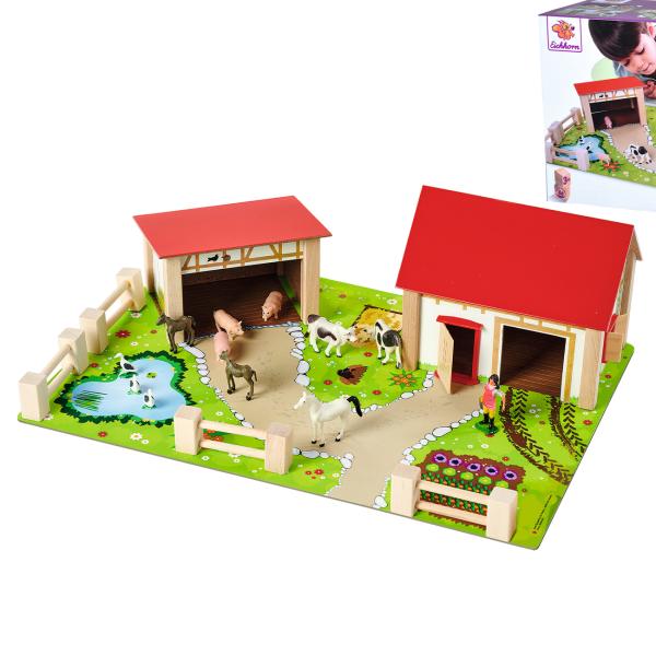 Bauernhof aus Holz – 20-teiliges Spielset mit 2 Gebäuden, Spielplatte, Figuren, Tieren, Zäunen – Pädagogisch wertvoll für Kinder ab 3 Jahren