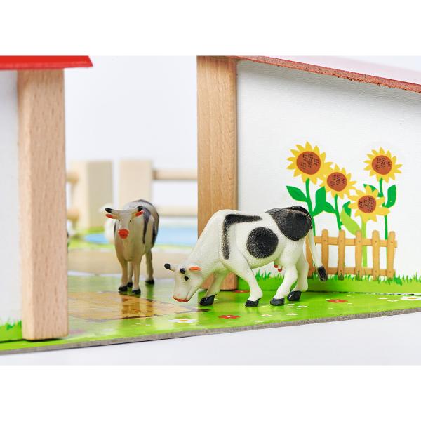 Bauernhof aus Holz – 20-teiliges Spielset mit 2 Gebäuden, Spielplatte, Figuren, Tieren, Zäunen – Pädagogisch wertvoll für Kinder ab 3 Jahren