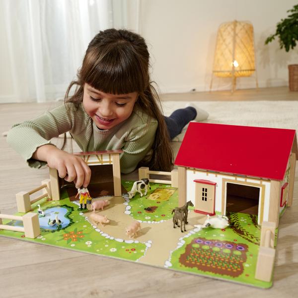 Bauernhof aus Holz – 20-teiliges Spielset mit 2 Gebäuden, Spielplatte, Figuren, Tieren, Zäunen – Pädagogisch wertvoll für Kinder ab 3 Jahren