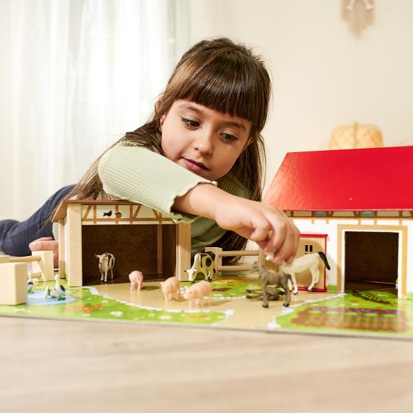Bauernhof aus Holz – 20-teiliges Spielset mit 2 Gebäuden, Spielplatte, Figuren, Tieren, Zäunen – Pädagogisch wertvoll für Kinder ab 3 Jahren
