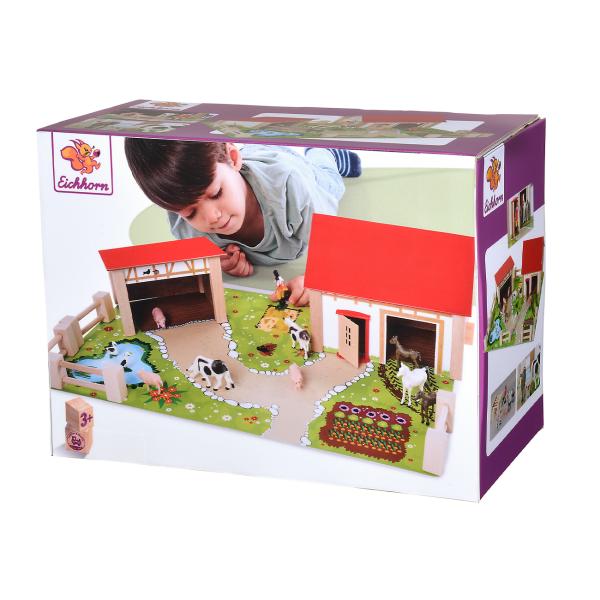 Bauernhof aus Holz – 20-teiliges Spielset mit 2 Gebäuden, Spielplatte, Figuren, Tieren, Zäunen – Pädagogisch wertvoll für Kinder ab 3 Jahren