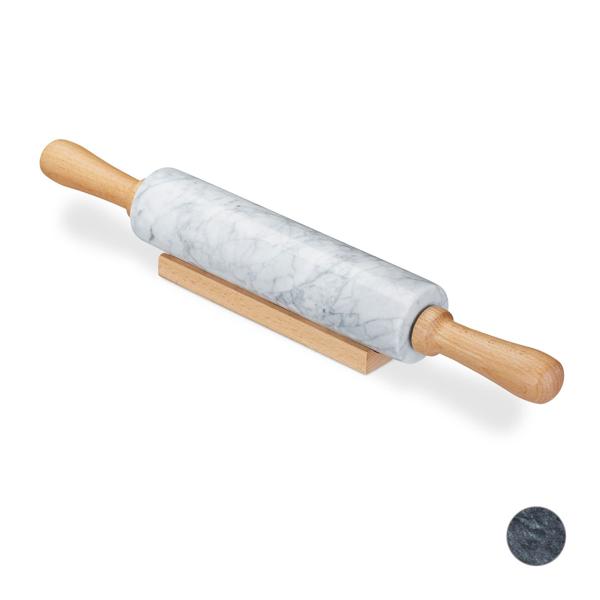 Nudelholz aus Buchenholz und Marmor - Teigroller für Plätzchen Kuchen Pizzateig - Ergonomische Griffe - Dekoratives Wallholz 48cm - Unikat