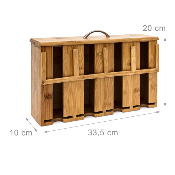Teebeutelspender Bambus - 4 Fächer, Platz für über 160 Teebeutel - braun, 22x33.5x10 cm - mit Deckel & Griff - Naturholz Design - ideal für Küche, Büro