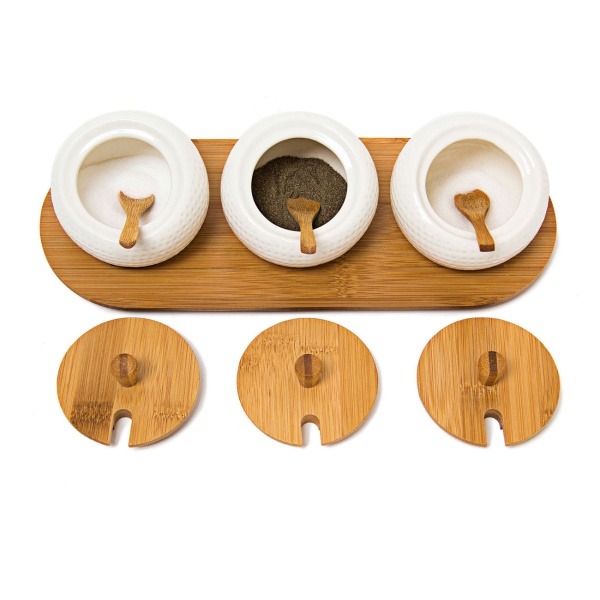 3er-Set Gewürzgläser aus Keramik - Dipschalen mit Deckel, Löffel & Bambus Brett - Marmeladenbar - Ø 9cm - Braun/Weiss - 130 Zeichen