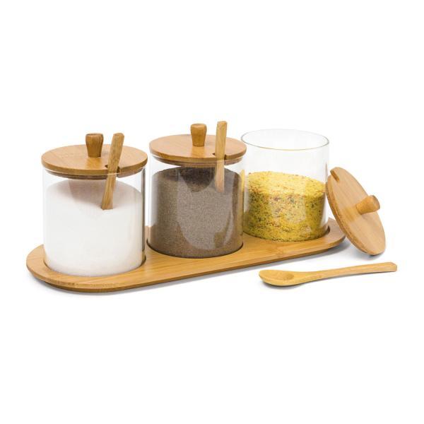 3er-Set Gewürzgläser aus Glas mit Bambus Brett - Marmeladenbar & Dipschalen - Deckel Löffel - hygienisch dekorativ - 8.5x30.5x12cm